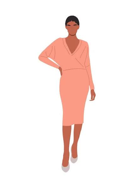 美丽的商业女性矢量现实的例证 漂亮的黑人姑娘穿着漂亮的休闲装 粉色的桃色连衣裙和高跟鞋 在白人背景下被隔离的卡通女性角色 — 图库矢量图片