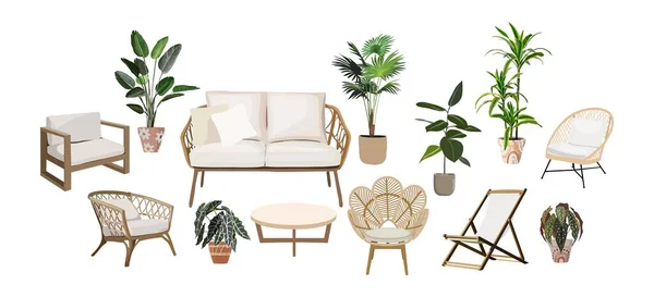 Set Outdoor Porch Zone Garden Furniture Potted Plants Illustration Realistic — Image vectorielle