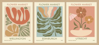 Set of Abstract Flower Market posters. Trendy botanical wall arts, prints with floral design in danish pastel colors. Modern groovy funky hippy interior decoration, painting. Vector art illustration. clipart