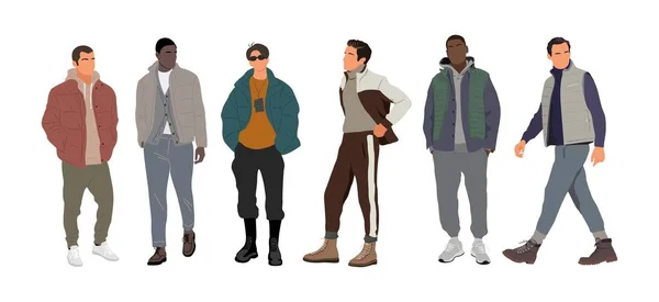 街头时尚男子矢量现实的例证 时尚的男人穿着时髦的现代秋天 春天的运动服站着散步 卡通男主角孤立无援 白人背景 — 图库矢量图片