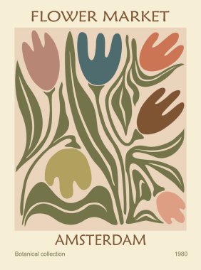 Abstract poster - Flower Market Amsterdam. Contemporary wall art, print with tulip floral design in danish pastel colors. Modern groovy funky hippy interior decoration, painting. Vector illustration.