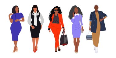 Business women collection. Realistic illustration of diverse multinational and multiracial standing cartoon women in smart casual office outfit. Pretty female characters isolated on white background.