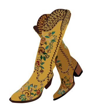 Pair of western cowboy boots. Stylish decorative cowgirl boots embroidered with traditional wild west yellow and brown decoration. Realistic hand drawn vector illustration isolated, white background.
