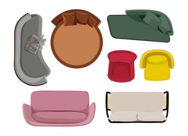 Set of different sofas and Armchairs for interior design, top view. Overhead living room, lounge furniture, modern trendy seats of different shapes and styles. Vector illustrations isolated on white.