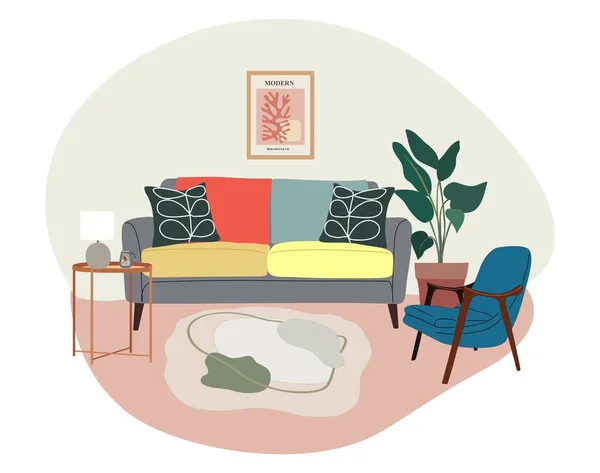 Living Room Interior Trendy Design Living Room Retro Furniture Decoration — 图库矢量图片