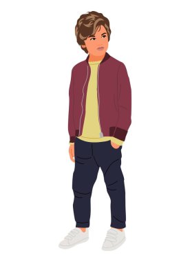 Happy Kid Boy vector realistic illustration. Cute child, elementary, middle school pupil cartoon character standing in modern fashionable casual clothing. Isolated on white background.