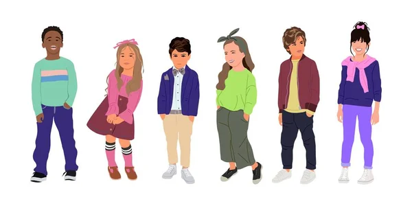 異なる子供のフラットベクトル現実的なイラストのセット 現代のカジュアルな服の子供の多人種グループ 現代の小学生 中学生 幼稚園の生徒漫画のキャラクター — ストックベクタ