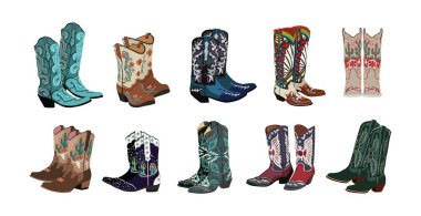 Set different cowgirl boots - turquoise, brown, red, blue. Traditional western cowboy boots decorated with embroidered wild west ornament. Realistic vector illustration isolated on white background.