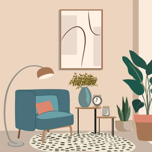 室内装饰时尚舒适的家具 室内装饰 墙体艺术 盆栽植物 舒适的客厅 以时髦的斯堪的纳维亚风格布置的公寓 本世纪中叶的现代风格 矢量说明 — 图库矢量图片
