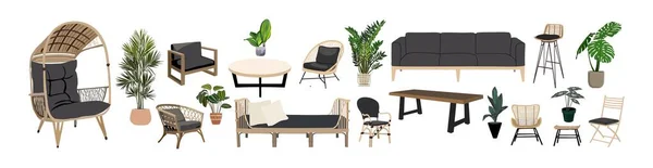 集户外 花园家具图解为一体 现实舒适的庭院元素 咖啡桌 室内植物 在白色上孤立的矢量写实主义插图 — 图库矢量图片