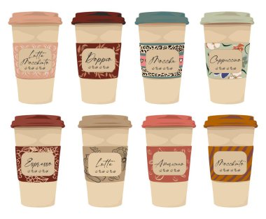 Set of different takeaway coffee cups - espresso, cappuccino, americano, latte, moccachino with trendy decorative labels and plastic lids. Hot drinks to go. Vector illustration isolated.