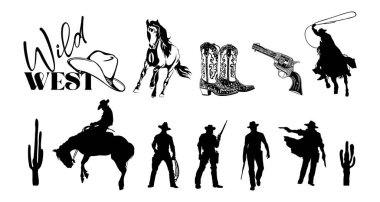 Wild west elements - cowboys, boots, hat, gun, horse, cactus silhouettes. Line art black and white monochrome Vector illustrations isolated on white background.