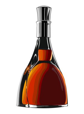 Barın menüsü için alkollü cam şişe, etiket modeli. Kaliteli rom, brendi, elit konyak, cin, burbon ve beyaz arka planda izole edilmiş likörün gerçekçi bir temsili. Alkolik içecek..