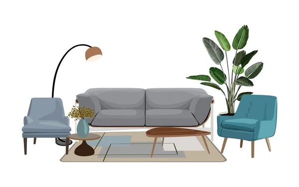 Salon Intérieur Canapé Confortable Fauteuils Table Basse Plante Maison Vase — Image vectorielle