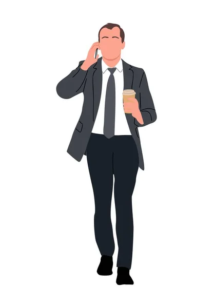 Businessman Character Phone Coffee Takeaway Handsome Man Wearing Formal Suit — Vettoriale Stock