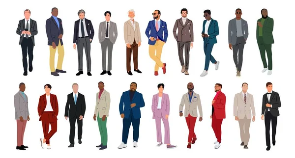 Set Business Men Different Races Ages Body Types Walking Standing — Stock Vector