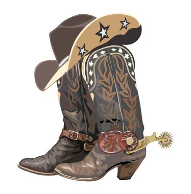 Pair of western cowboy boots with spurs and hat. Stylish cowgirl boots and hat embroidered with traditional american symbols. Realistic vector hand drawn illustration isolated on white background. clipart