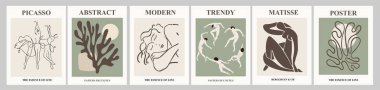 Modern adaçayı yeşili renkte soyut bir poster. Moda Matisse ve Picasso çağdaş duvar sanatına ilham kaynağı oldu. Estetik minimalist tasarım. Arkaplan, kapak, pankart, kart şablonu için vektör illüstrasyonları.