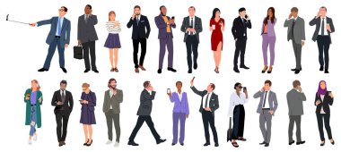 Set of diverse Business People with smartphones vector realistic illustrations isolated. Different poses, front, side, rare view. Men, women in formal, smart casual outfits using mobile phones. 