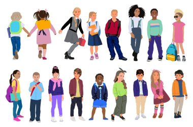 Set of kids, boys and girls vector illustration isolated. Happy elementary, middle school pupils. Collection of children different races and nationality standing and walking, front, back, side view.