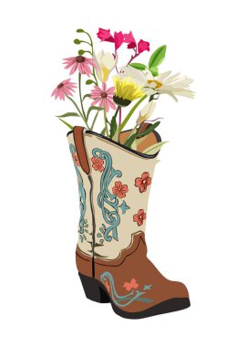 Cowboy boots with wild flowers. Vintage Cowgirl boots with traditional Wild West ornament. Western fashion. Hand drawn colored trendy Vector illustration isolated on white background.