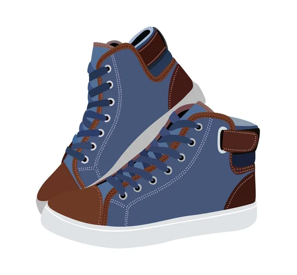 Fashion sneakers blue and brown. Modern sports, street style shoes. Trendy sportswear for man and woman. Footwear designs. Flat vector illustration isolated on white background.