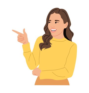 Smiling girl pointing to the side with finger. Happy excited woman showing with hand. Vector Character for the presentation of goods or services. Vector flat illustration isolated on white background
