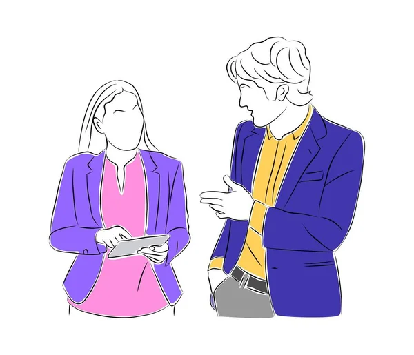 Business Man Woman Working Together Discussing Line Art Linear Outline —  Vetores de Stock