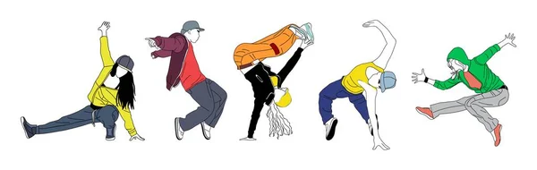 Bir Grup Genç Dansçı Hip Hop Breakdance Ana Hatları Vektör — Stok Vektör