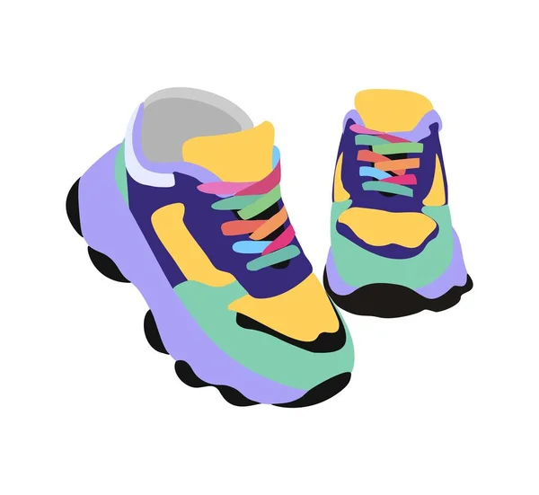 Fashion sneakers soft yellow, blue and purple colors. Modern sports, street style shoes. Trendy sportswear for man and woman. Footwear designs. Flat vector illustration isolated on white background.