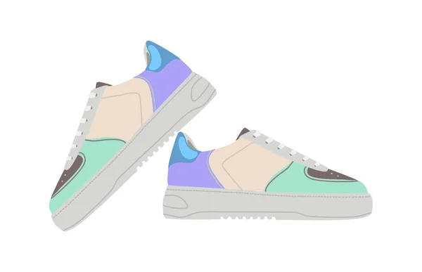 Fashion sneakers in soft blue, purple and green colors. Modern sports, street style shoes. Trendy sportswear for man and woman. Footwear designs. Flat vector illustration isolated on white background.