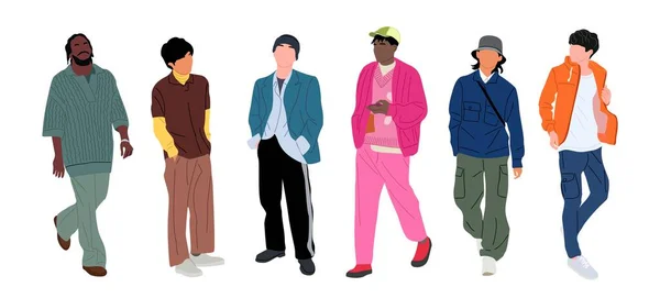 一套街头时尚男人的矢量插图 年轻男子穿着时髦的现代街道风格的衣服站着走着 在白色背景下被隔离的卡通风格男性角色 — 图库矢量图片