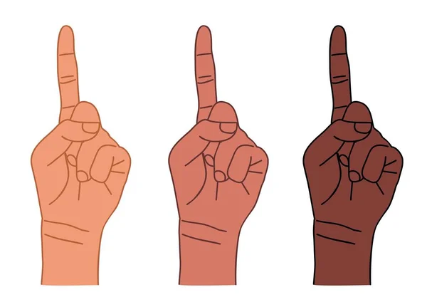 1番の手の指を指しています 肌の色の異なる手の概要図面 白を基調としたベクトルイラスト — ストックベクタ