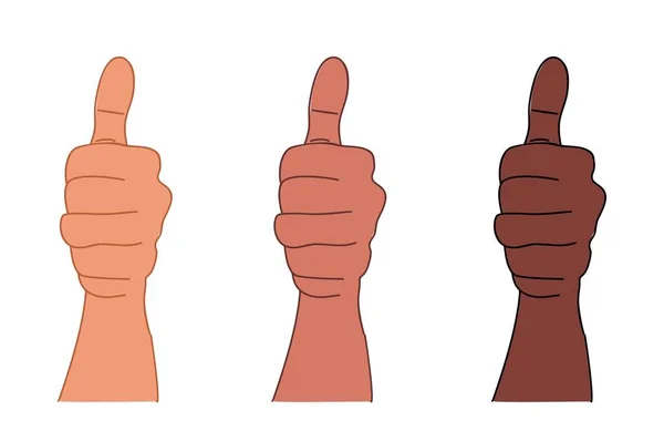 手の指のポインティングを親指 肌の色の異なる手の概要図面 白を基調としたベクトルイラスト — ストックベクタ