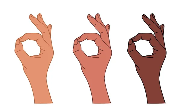 Okay Hand Gesture Outline Drawing Hands Different Skin Colors Vector — Vettoriale Stock