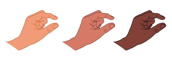 手の指の間のサイズを示す 手話で測定を示すジェスチャー 肌の色の異なる手の概要図面 白を基調としたベクトルイラスト — ストックベクタ