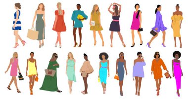Collection of stylish young women wearing modern dress. Diverse multiracial girls in casual, street fashion outfits. Summer, spring fashionable look. Flat colorful vector illustrations isolated. clipart