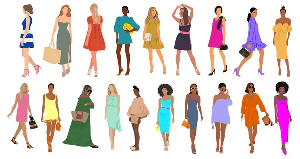 モダンなドレスを着たスタイリッシュな若い女性のコレクション カジュアル ストリートファッションの衣装で多様な多人種の女の子 春のファッショナブルな外観 フラットカラーベクトルイラスト分離 — ストックベクタ