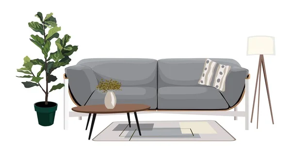 Interior Sala Sofá Confortável Com Travesseiro Mesa Café Planta Casa — Vetor de Stock