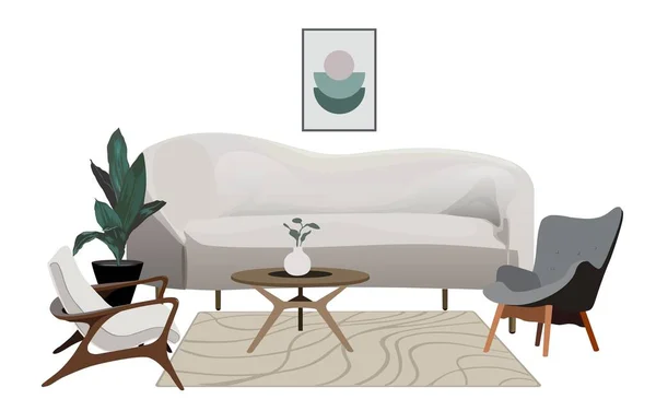 リビングルームのインテリア 快適なソファ アームチェア コーヒーテーブル ハウスプラント 白い背景に切り取られたベクトル現実的なイラスト — ストックベクタ