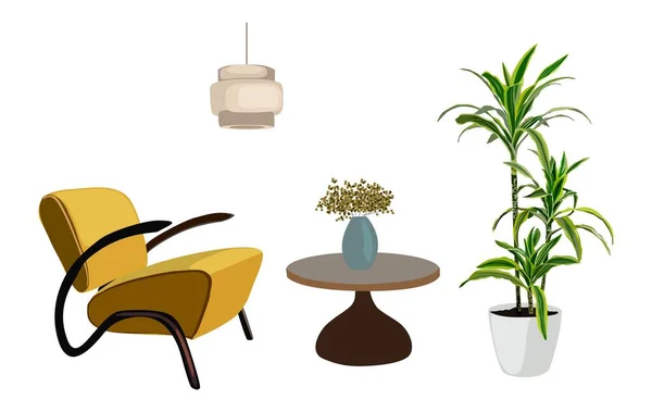 Modern Living Room Interior Armchair Coffee Table Houseplant Pot Vase — Vetor de Stock