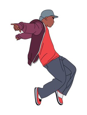 Man dancing street dance in urban hip hop style. Dancer break dance. Cartoon character. Vector flat illustration isolated on white background.