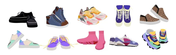 Moda Ayakkabıları Seti Farklı Şekil Renklere Sahip Modern Spor Ayakkabıları — Stok Vektör