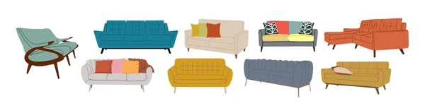Set Von Modernen Sofas Verschiedenen Arten Und Farben Kollektion Stilvoller — Stockvektor