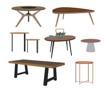 Masa hazır. Modern moda yemek mobilyaları, kahve masaları, farklı yuvarlak ve düzensiz şekiller, boyutlar. Düz vektör çizimleri beyaz arkaplanda izole edildi.