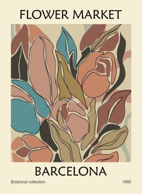 Flower Market Barcelona 'nın soyut posteri. Danimarka renginde çiçek desenli botanik duvar sanatı. Modern, saf, modaya uygun iç dekorasyon, resim. Vektör sanatı illüstrasyonu.