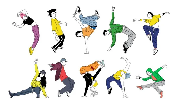 Set Teenager Dancers Hip Hop Breakdance Outline Vector Drawing Isolated — Image vectorielle