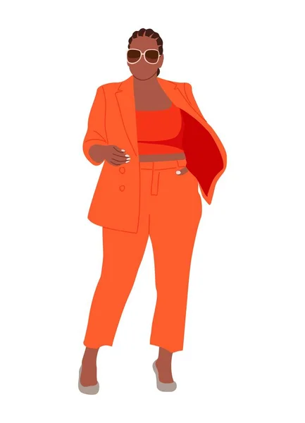 Black Curvy Business Women Modern Office Look Orange Suit High — Stock Vector