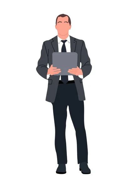 Üzletember Karakter Áll Laptoppal Jóképű Férfi Öltönyben Nyakkendőben Vektor Reális — Stock Vector