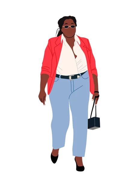 Negro Curvy Mujer Negocios Aspecto Moderno Oficina Chaqueta Naranja Jeans — Vector de stock